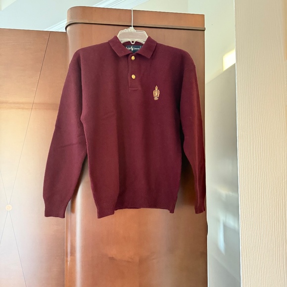 VTG Polo Ralph Lauren Wine Collared Crest Two Button Lambswool Sweater Men’s S - Picture 2 of 11